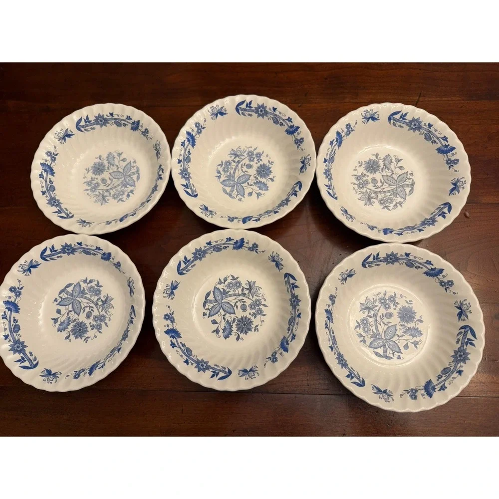 Vintage Swinnertons Indian Tree Blue‎ Soup Bowls Scalloped Edge Ironstone 6 Set